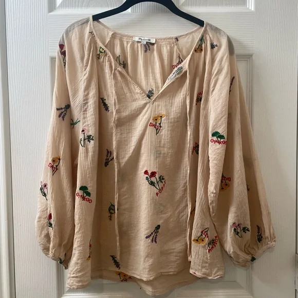 SALE! Madewell Botanical Embroidered Gauzy Cotton Tie-Neck Peasant Top Small - Picture 2 of 11